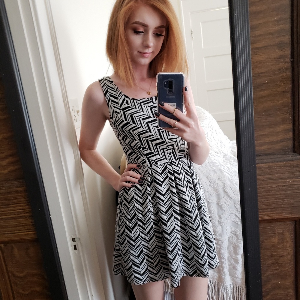 Black and white patterned skater style dress